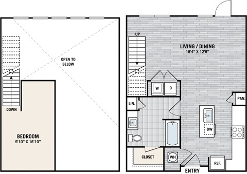 Floor plan for 1 bed, 1 bath, 883 sqft